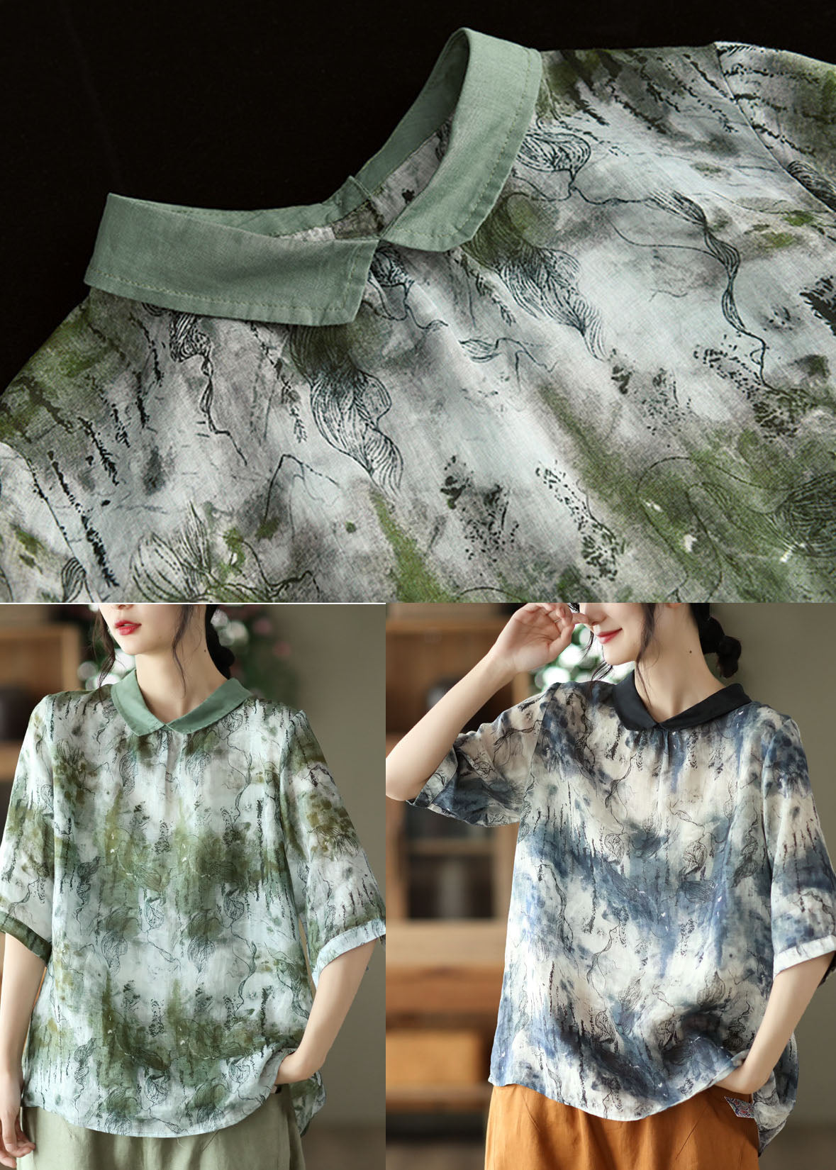 Green Print Linn Shirt Top Tie Dye Half Mancheve