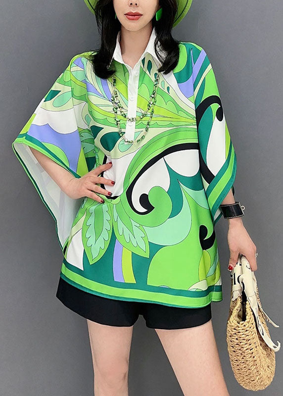 Green Print Patchwork Silk Blouse Tops Peter Pan Collar Summer