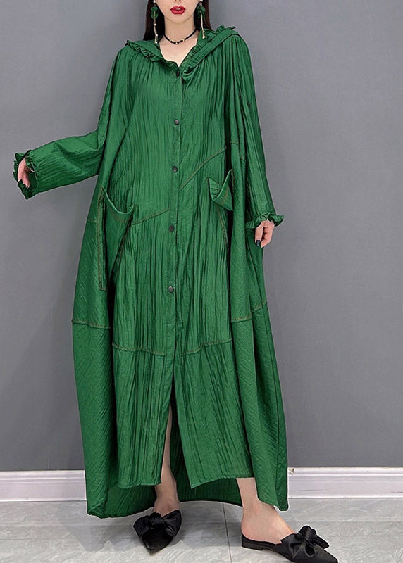 Green Ruffled Button Low High Design Dress Long Sleeve