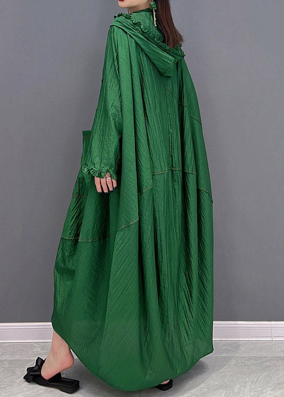 Green Ruffled Button Low High Design Dress Long Sleeve