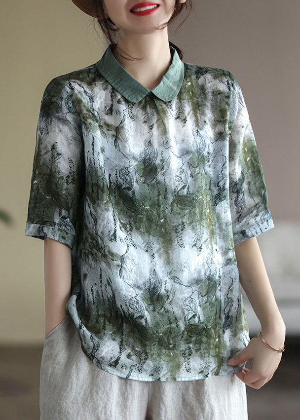 Green Tie Dye Linen Blouse Tops Peter Pan Collar Bouton Half manche