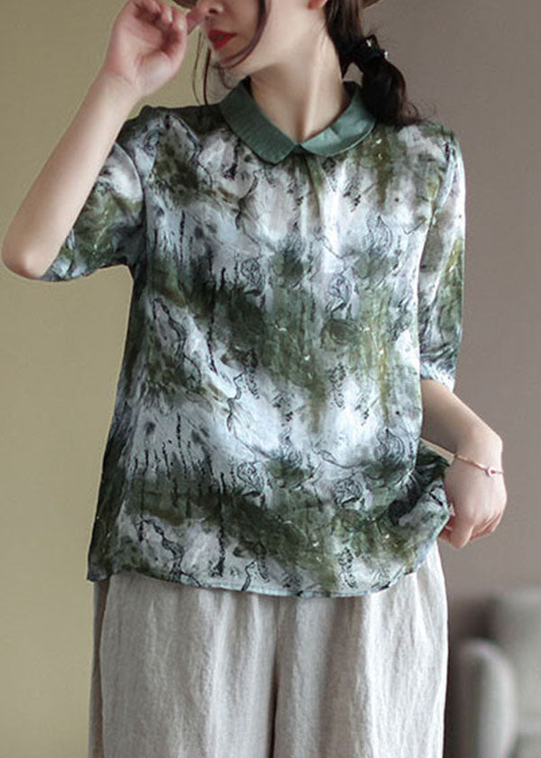 Green Tie Dye Linen Blouse Tops Peter Pan Collar Bouton Half manche