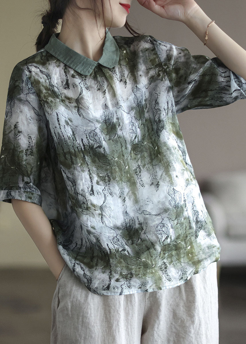 Green Tie Dye Linen Blouse Tops Peter Pan Collar Bouton Half manche