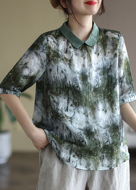 Green Tie Dye Linen Blouse Tops Peter Pan Collar Bouton Half manche