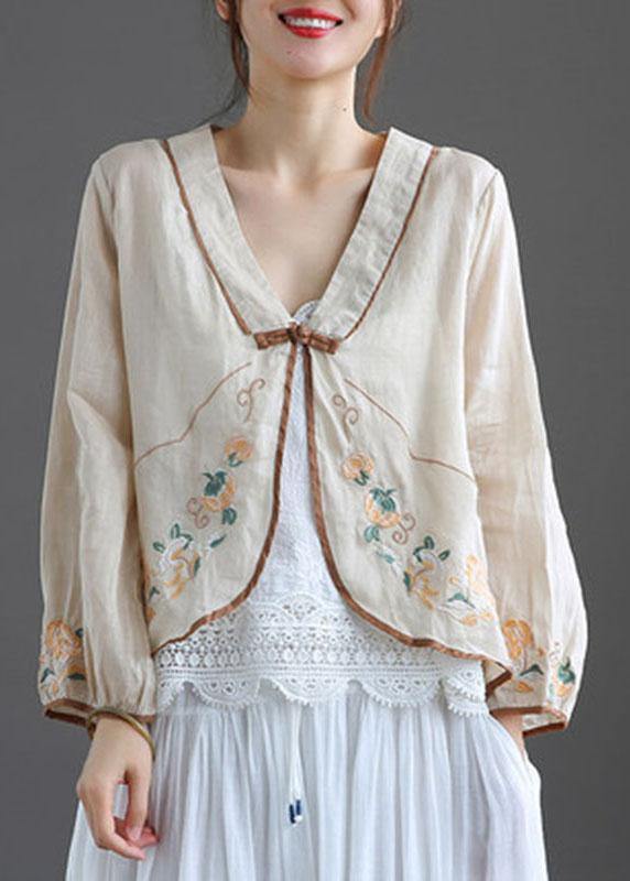 Green V Neck Embroideried Summer Ramie Cardigan Long Sleeve - SooLinen