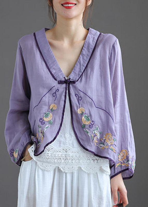 Green V Neck Embroideried Summer Ramie Cardigan Long Sleeve - SooLinen