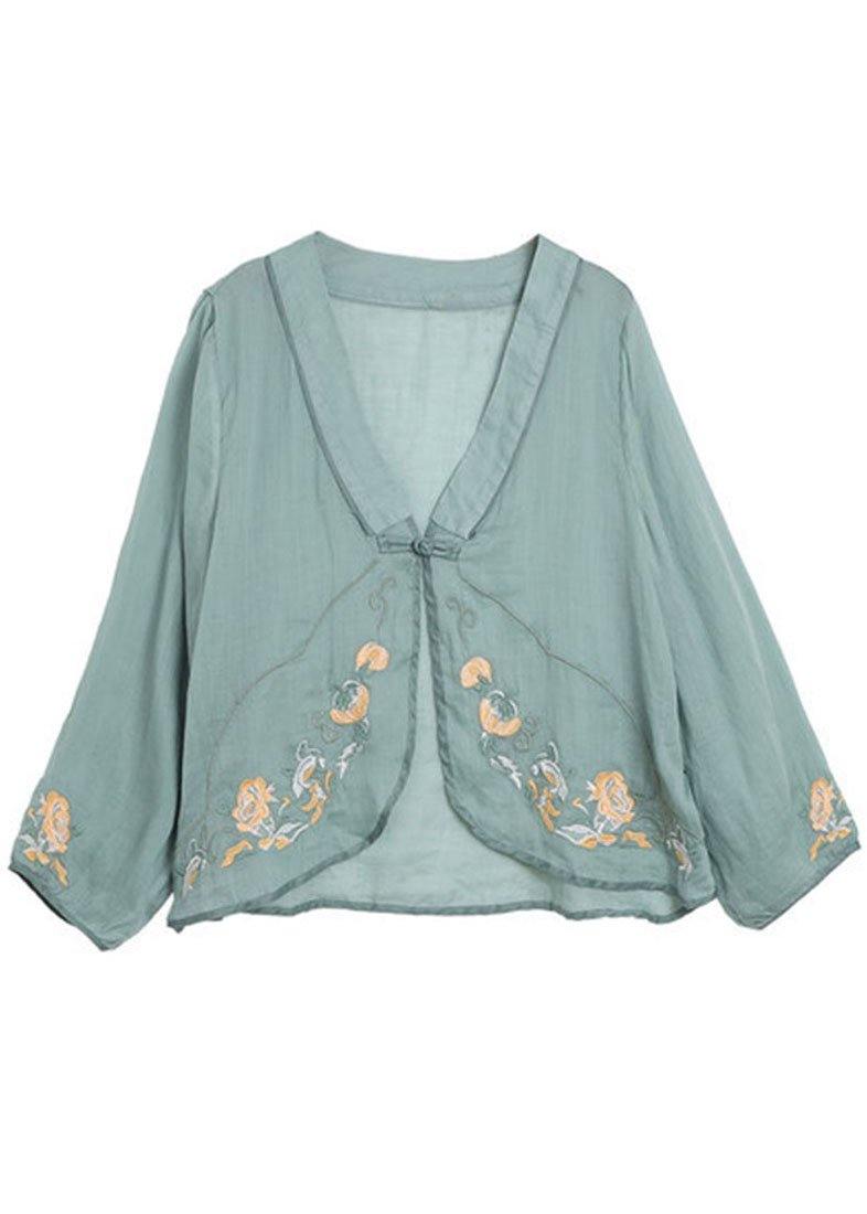 Green V Neck Embroideried Summer Ramie Cardigan Long Sleeve - SooLinen