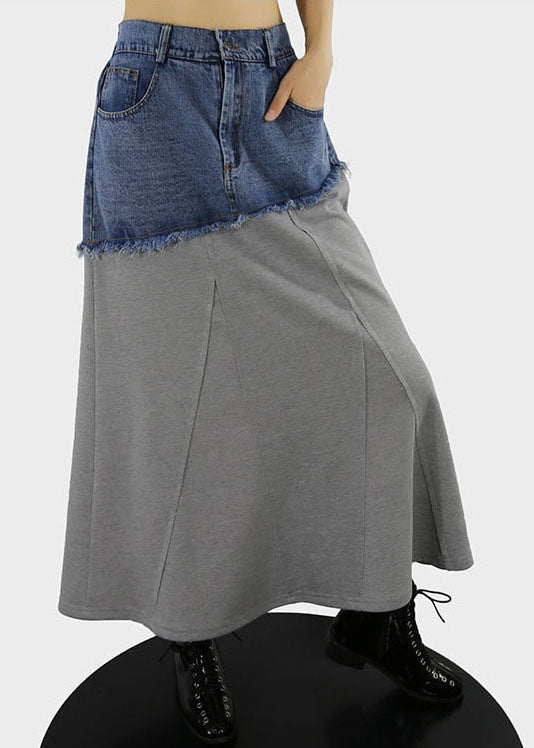 Grey A Line Skirts Denim Patchwork Button Spring