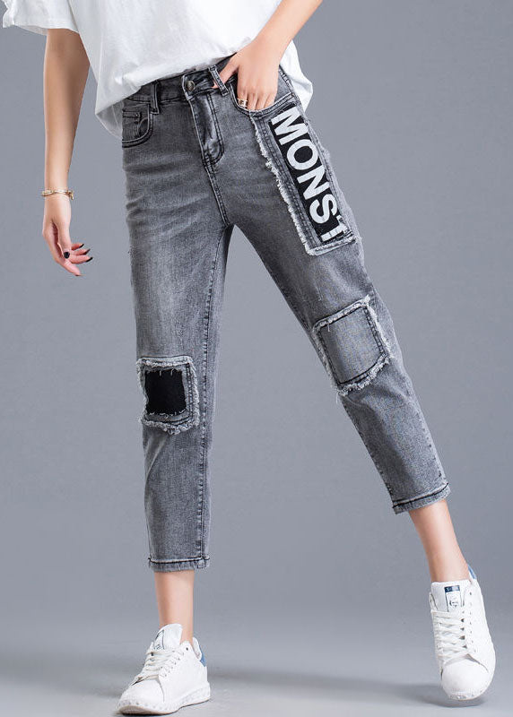 Patchwork gris Applique en coton Pantalon de culture en denim