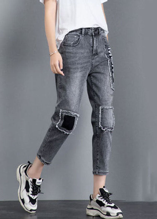 Patchwork gris Applique en coton Pantalon de culture en denim