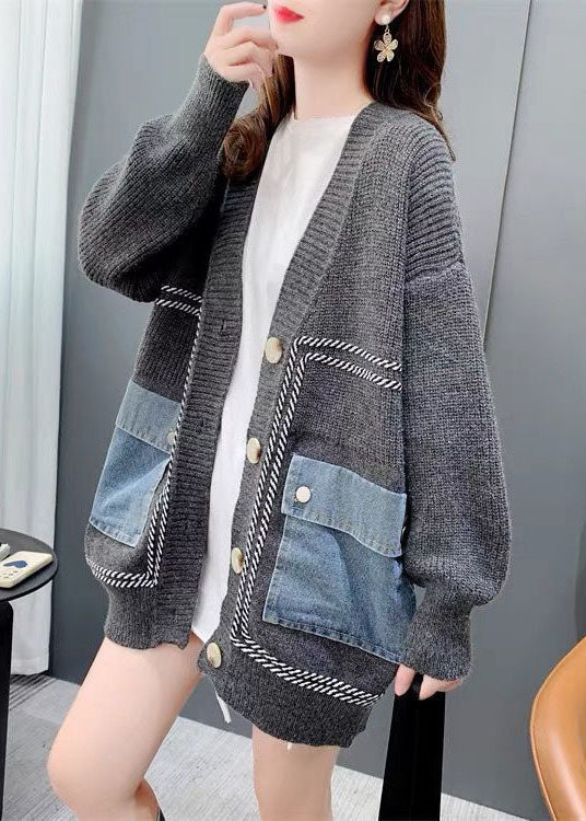 Gris Patchwork Denim Treen Cardigans en vrac Pockets Neck Hiver