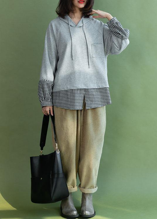 Grey Patchwork Plaid Hooded Fall Loose Loose Sweatshirt - SooLinen