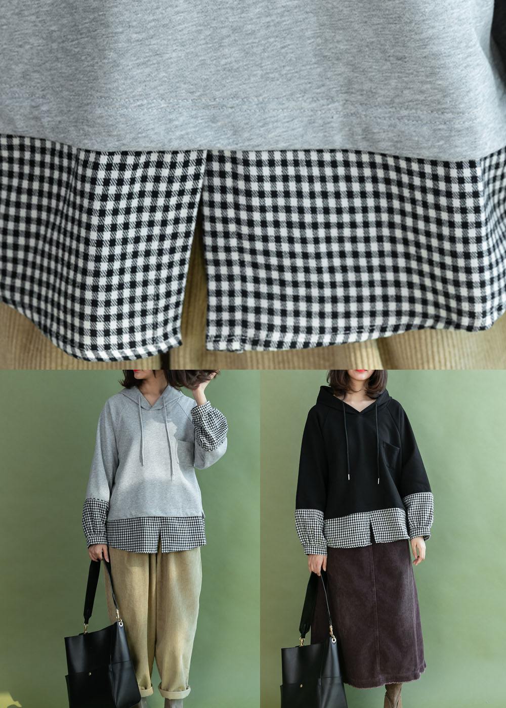 Grey Patchwork Plaid Hooded Fall Loose Loose Sweatshirt - SooLinen