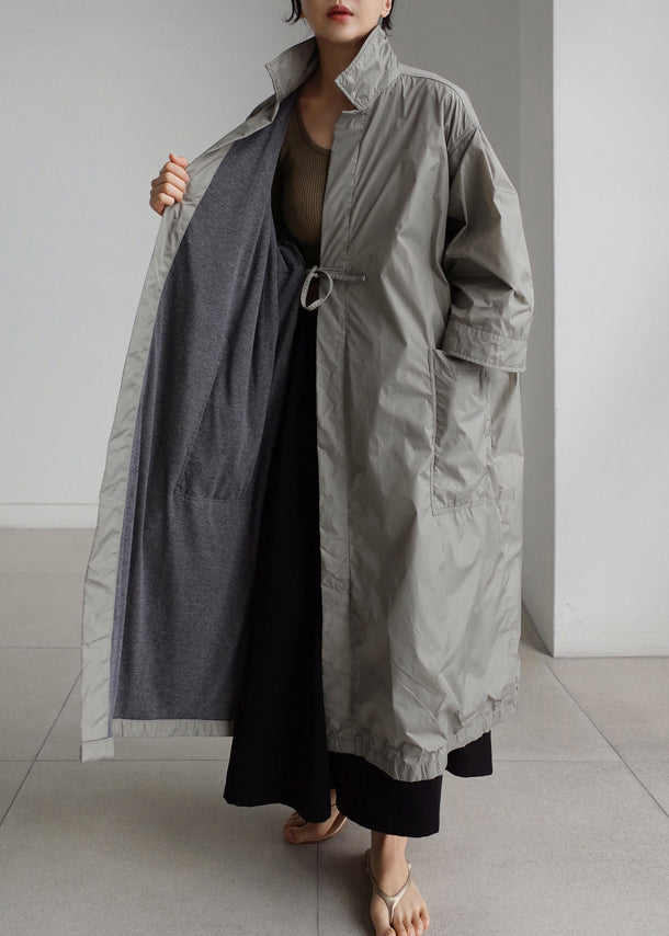 Grey Peter Pan Collar Tie Trench Coats Long Coats