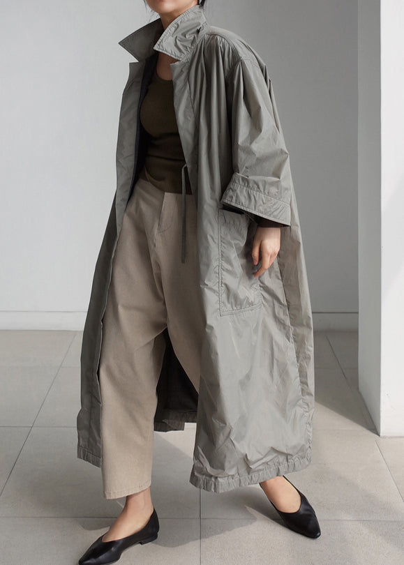 Grey Peter Pan Collar Tie Trench Coats Long Coats