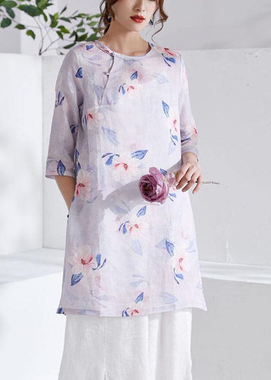 Grey Purple Side Open Print Summer Ramie Shirts Half Sleeve - SooLinen