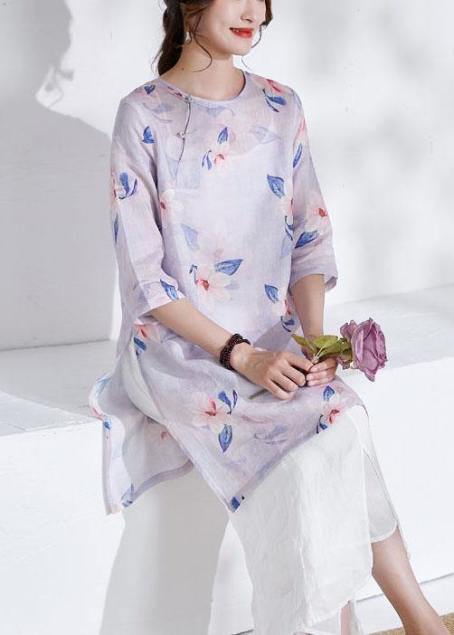 Grey Purple Side Open Print Summer Ramie Shirts Half Sleeve - SooLinen