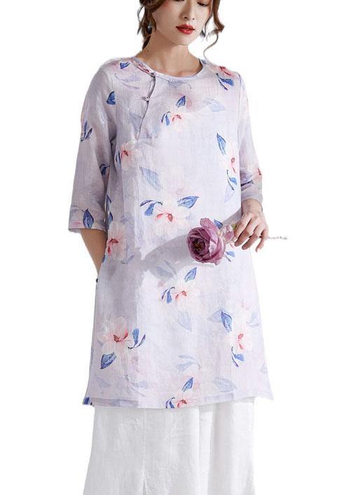 Grey Purple Side Open Print Summer Ramie Shirts Half Sleeve - SooLinen