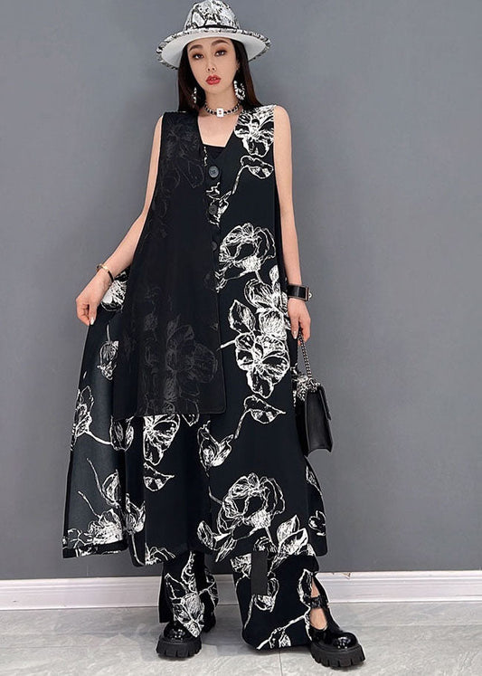 Handmade Black Asymmetrical Tulle Patchwork Print Chiffon Two Piece Suit Set Summer