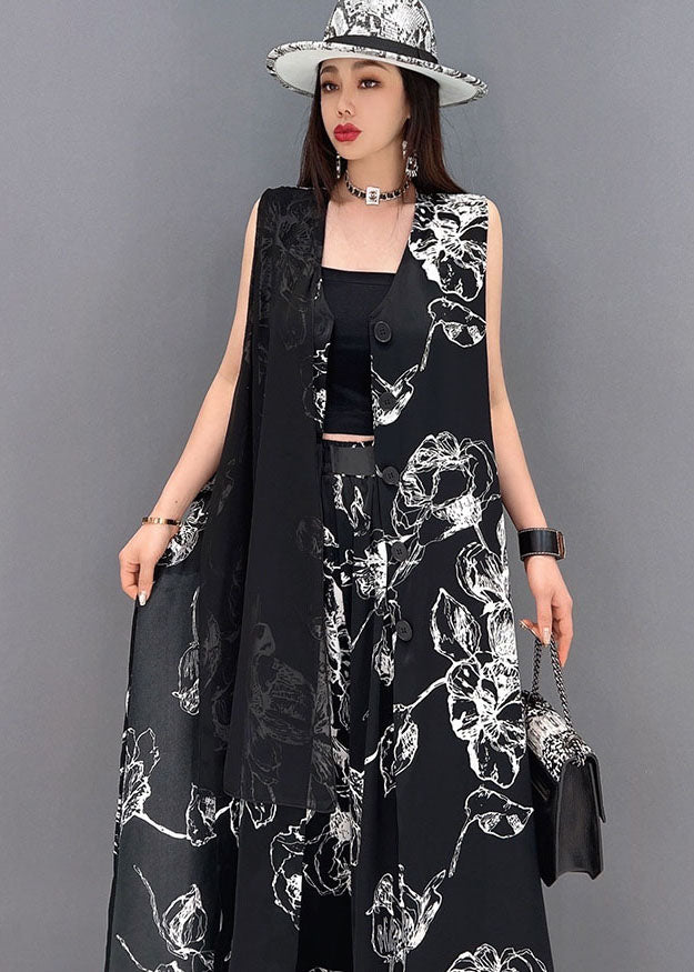 Handmade Black Asymmetrical Tulle Patchwork Print Chiffon Two Piece Suit Set Summer