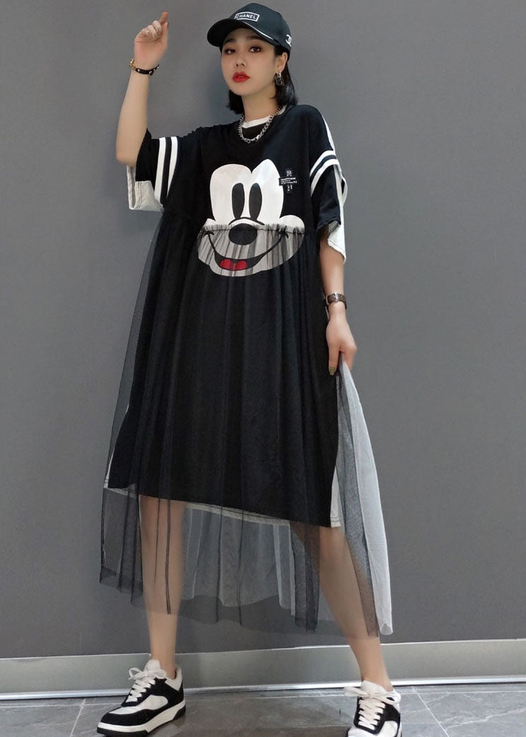 Handmade Black Tulle Patchwork Dress Short Sleeve