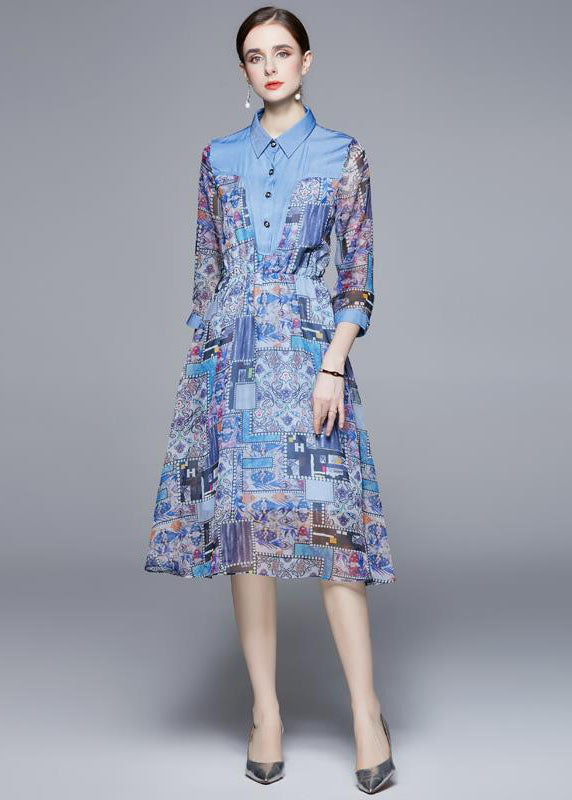 Blue Peter Pan Collar Patchwork Patchwork Patchwork Robe en mousseline de soie à manches longues