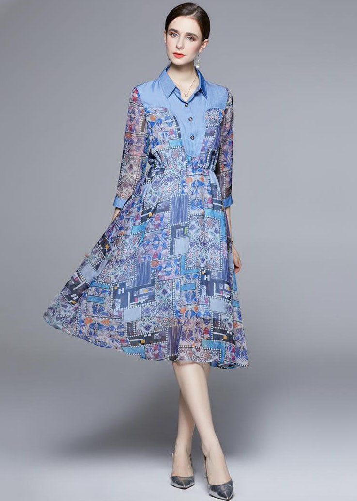 Blue Peter Pan Collar Patchwork Patchwork Patchwork Robe en mousseline de soie à manches longues