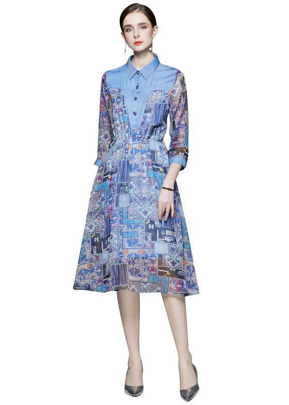 Blue Peter Pan Collar Patchwork Patchwork Patchwork Robe en mousseline de soie à manches longues