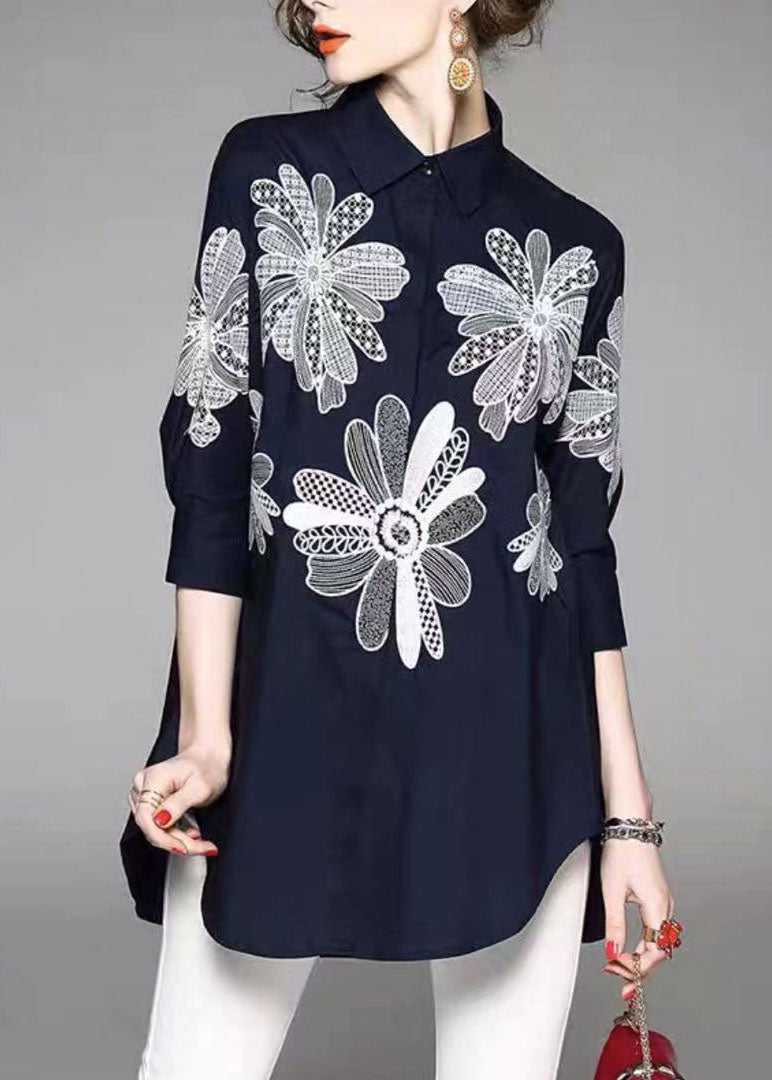 Handmade Blue Peter Pan Collar Embroideried Asymmetrical Design Cotton Long Shirt Half Sleeve