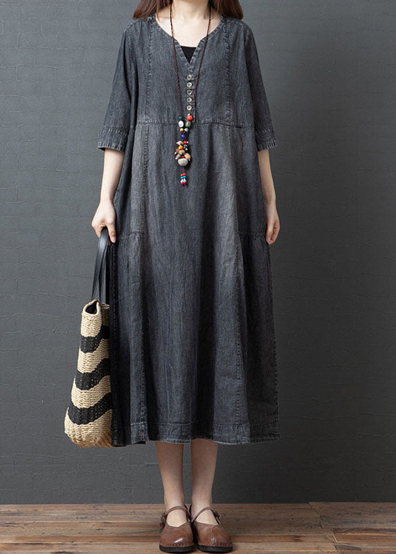 Handmade Blue V Neck Button Patchwork Fall Denim Half Sleeve Maxi Dress