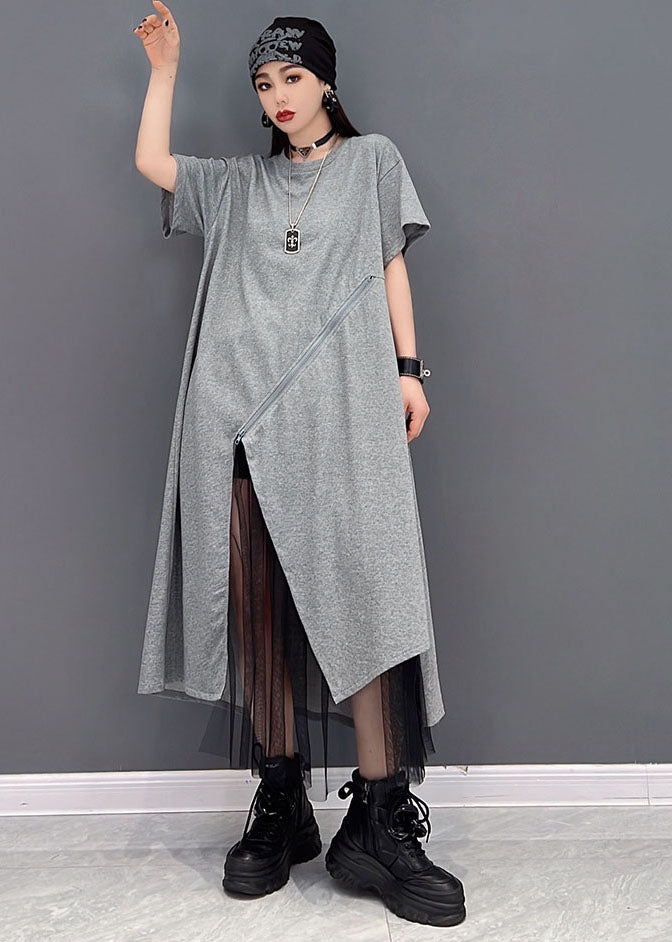 Handmade Grey O-Neck Tulle Patchwork Cotton Streetwear Dresses Short Sleeve