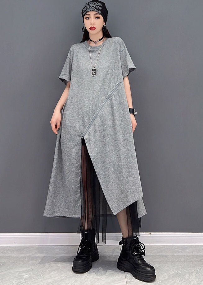 Handmade Grey O-Neck Tulle Patchwork Cotton Streetwear Dresses Short Sleeve