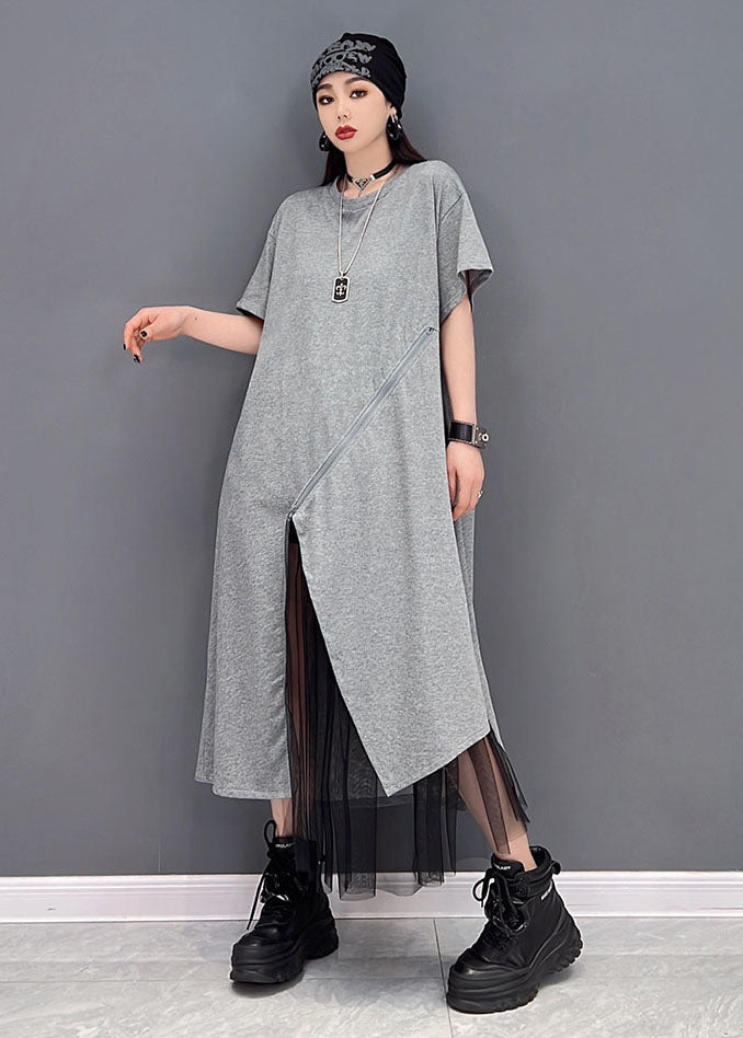 Handmade Grey O-Neck Tulle Patchwork Cotton Streetwear Dresses Short Sleeve