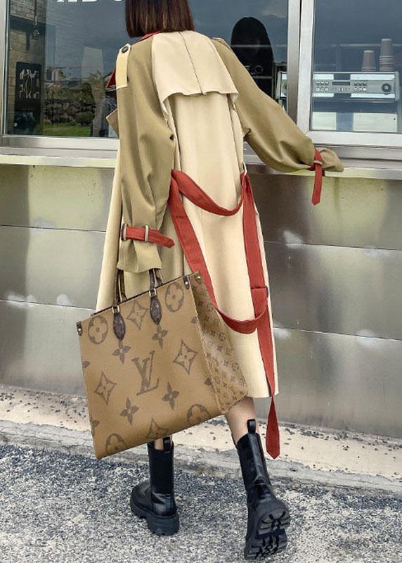 Handmade Khaki Pockets Patchwork Button Fall Tie Waist Long Sleeve Coattrench Coats - SooLinen