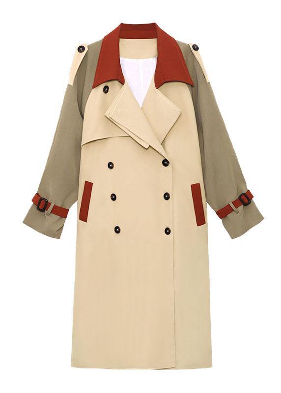 Handmade Khaki Pockets Patchwork Button Fall Tie Waist Long Sleeve Coattrench Coats - SooLinen