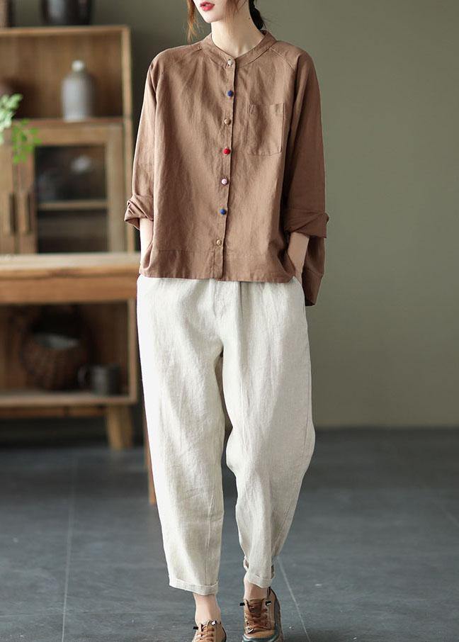 Handmade Khaki Retro O-Neck Button Fall Top Long Sleeve - SooLinen