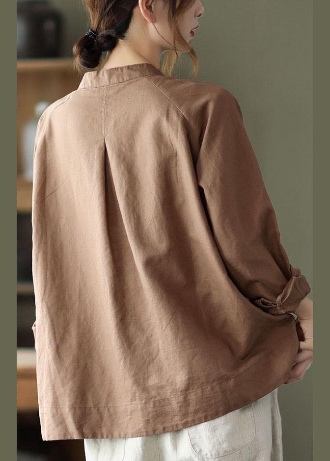 Handmade Khaki Retro O-Neck Button Fall Top Long Sleeve - SooLinen