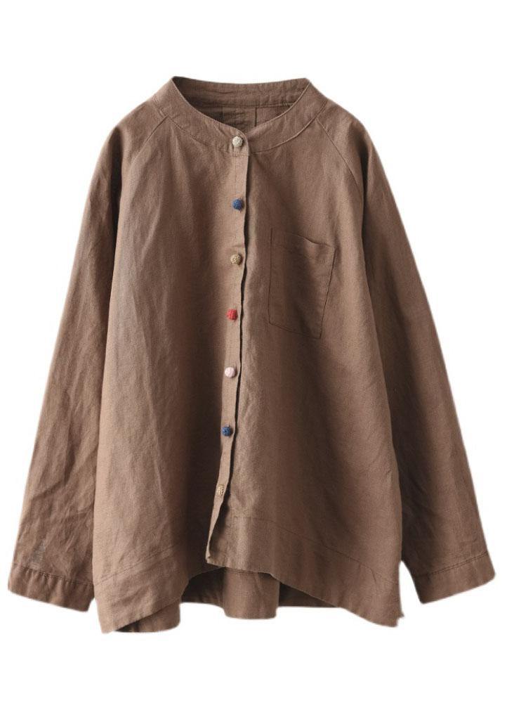 Handmade Khaki Retro O-Neck Button Fall Top Long Sleeve - SooLinen