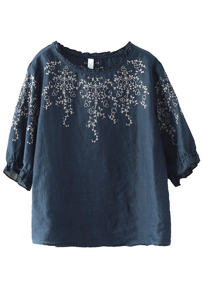 Handmade Navy lantern Sleeve O-Neck Embroideried Summer Ramie Blouses - SooLinen