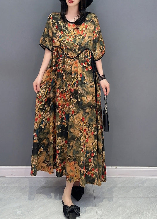 Handmade O-Neck Print Patchwork Long Dresses Short Sleeve