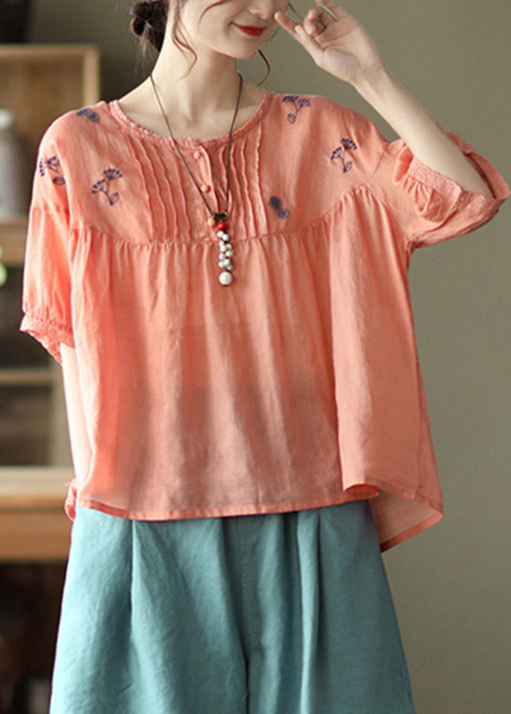 Handmade Orange O-Neck Embroideried Button Wrinkled Linen Tops Half Sleeve