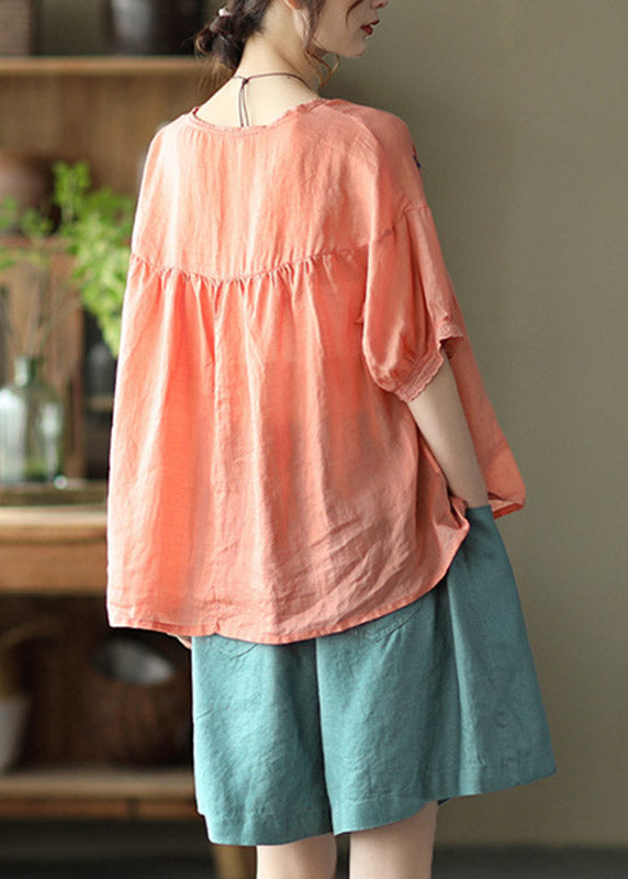 Handmade Orange O-Neck Embroideried Button Wrinkled Linen Tops Half Sleeve