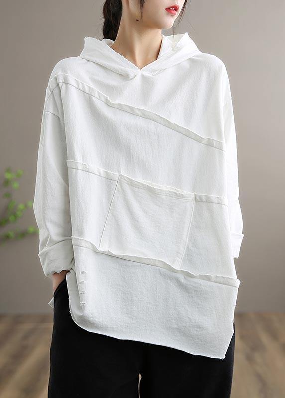 Handmade White Blouses For Women Hooded Patchwork Daily Spring Tops - SooLinen