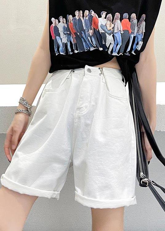 Handmade White High Waist Denim Wide Leg hot pants Summer - SooLinen