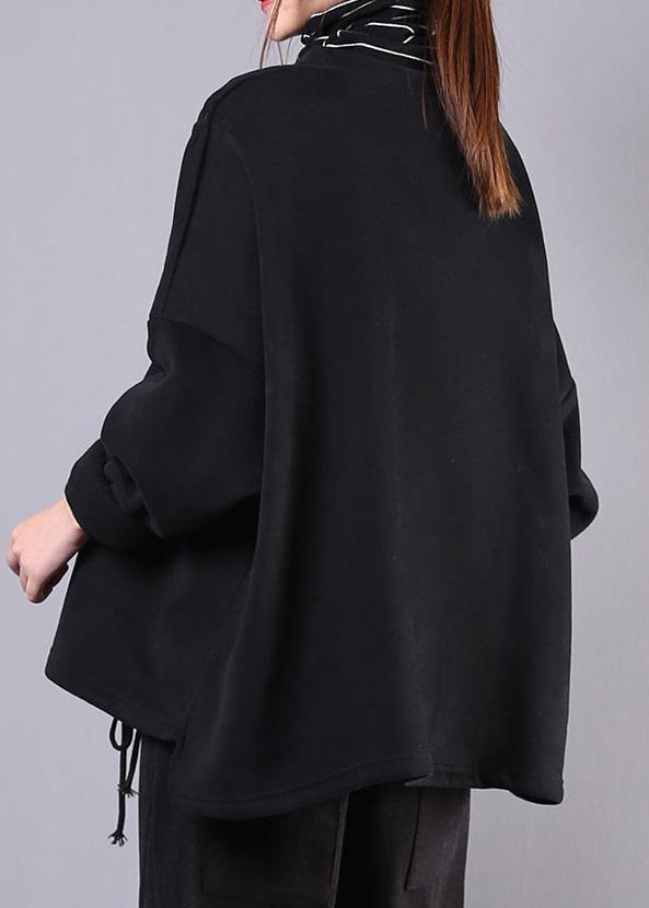 Handmade black cotton Blouse high neck drawstring short shirts - SooLinen