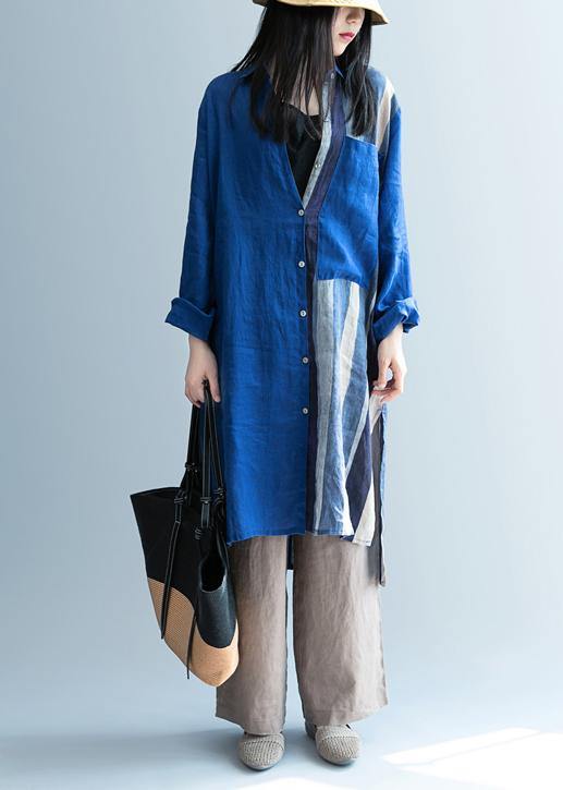 Handmade blue patchwork striped lapel Dress - SooLinen