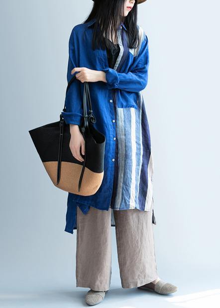 Handmade blue patchwork striped lapel Dress - SooLinen