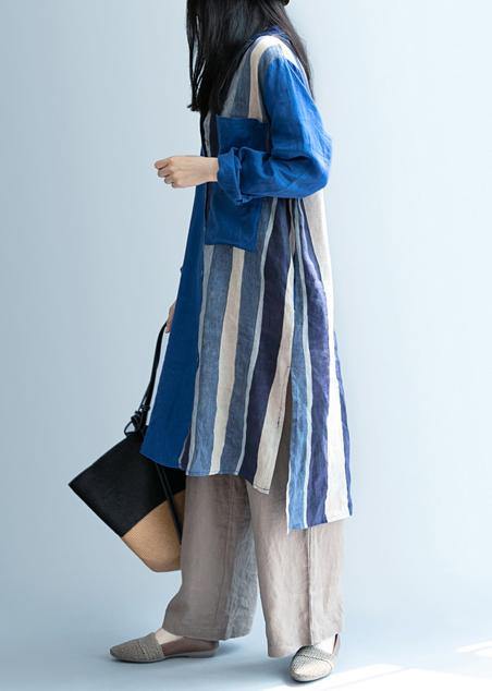 Handmade blue patchwork striped lapel Dress - SooLinen