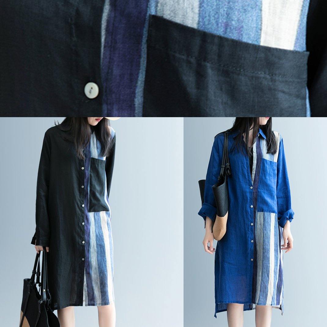 Handmade blue patchwork striped lapel Dress - SooLinen