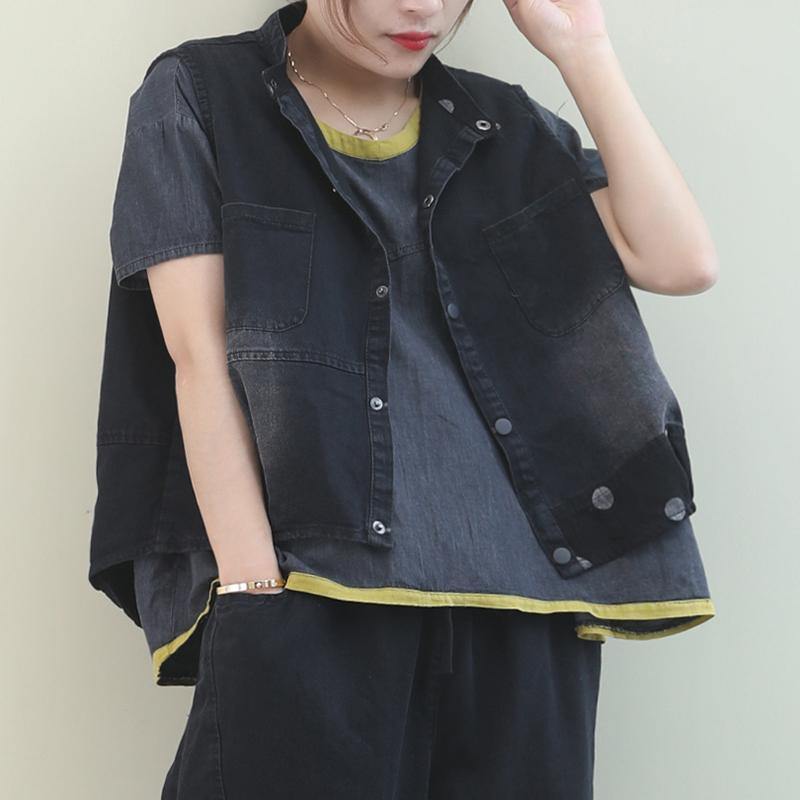 Handmade denim black dotted cotton top sleeveless tops - SooLinen